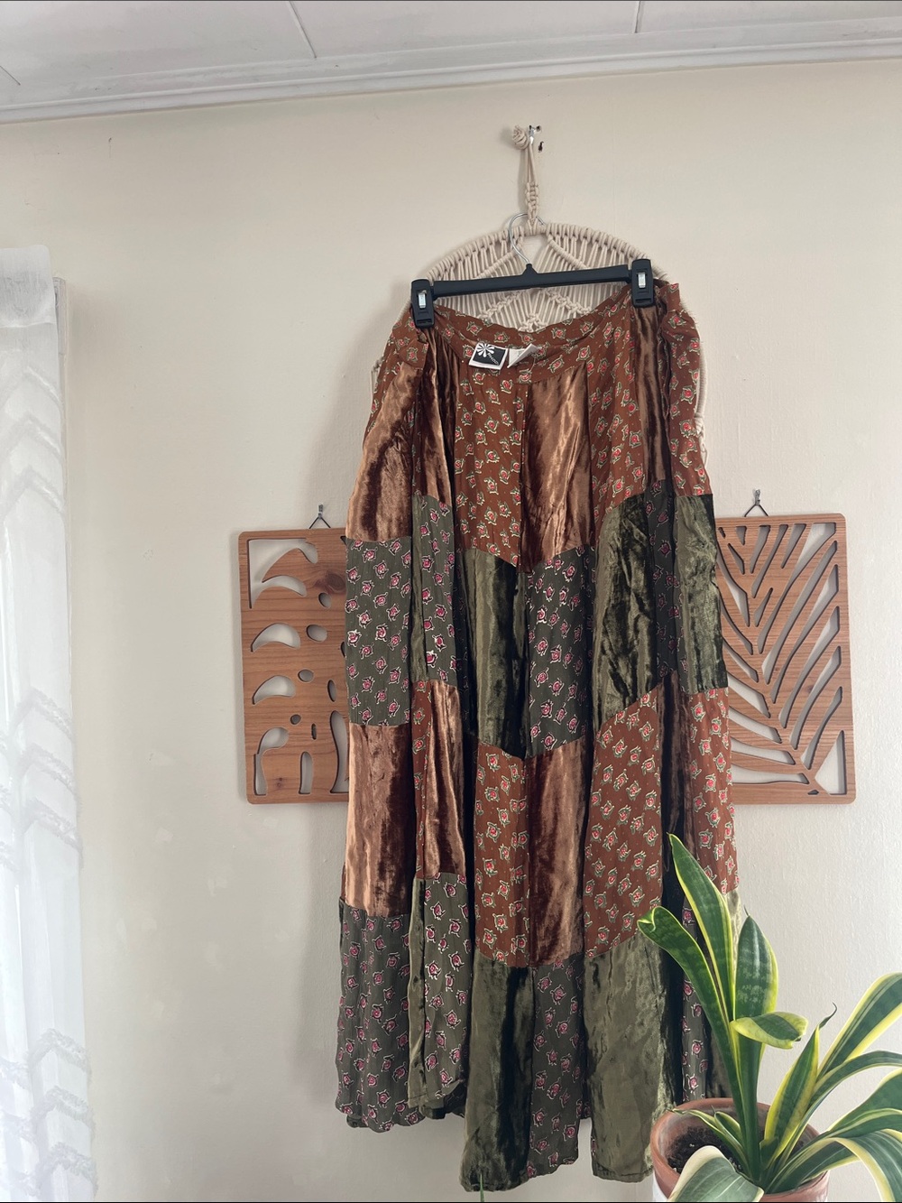 Vintage Phool Bohemian Patchwork Maxi Skirt Green and Brown 2XL